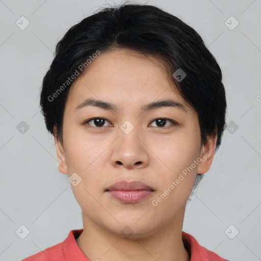 Neutral asian young-adult female with short  brown hair and brown eyes