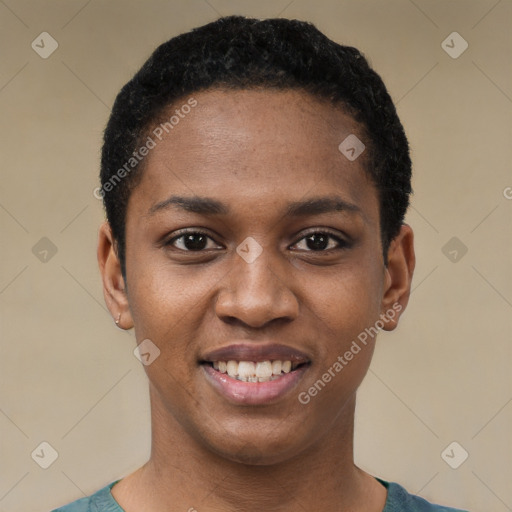 Joyful black young-adult female with short  black hair and brown eyes