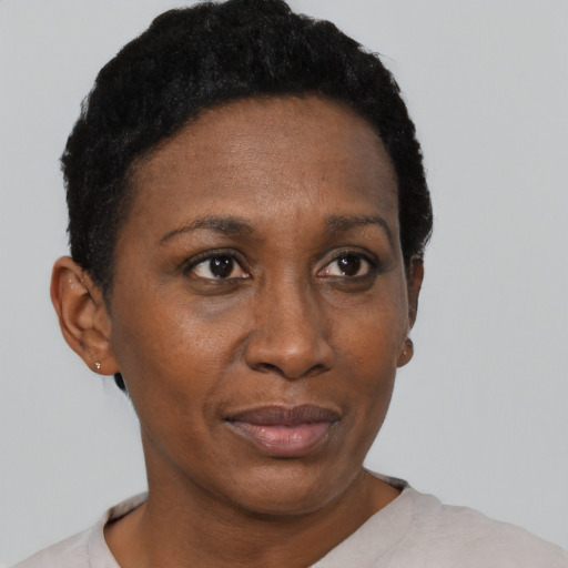Neutral black young-adult female with short  black hair and brown eyes