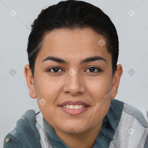 Joyful white young-adult female with short  brown hair and brown eyes