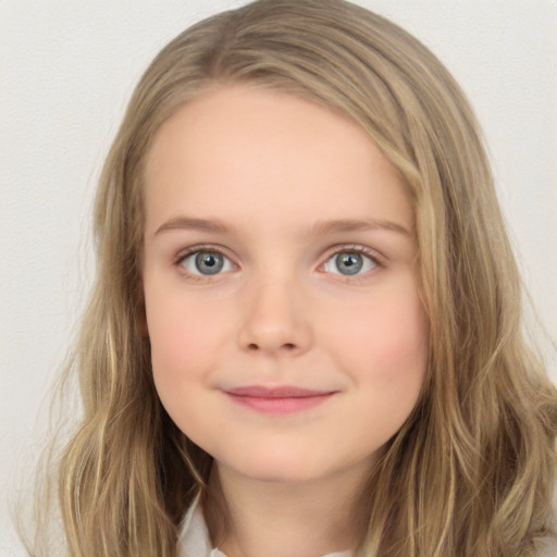 Joyful white child female with long  brown hair and grey eyes