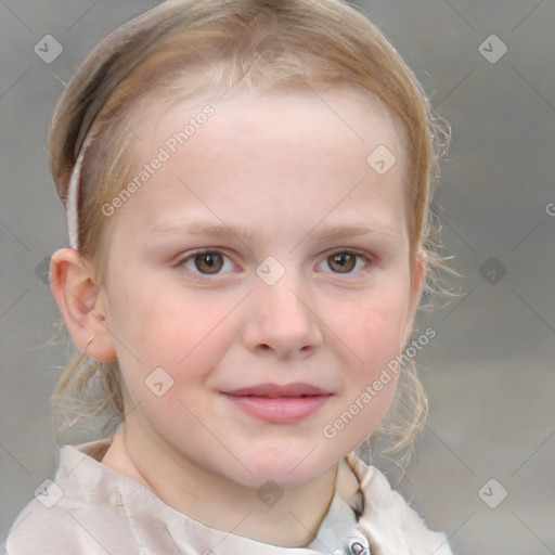 Joyful white child female with medium  brown hair and blue eyes