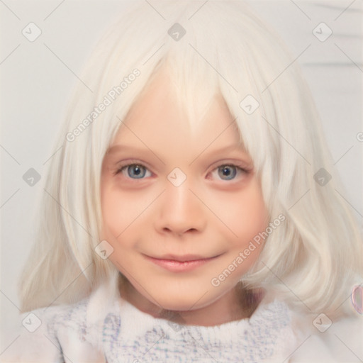 Joyful white child female with medium  brown hair and blue eyes