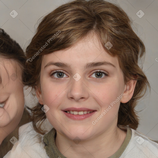 Joyful white child female with medium  brown hair and brown eyes