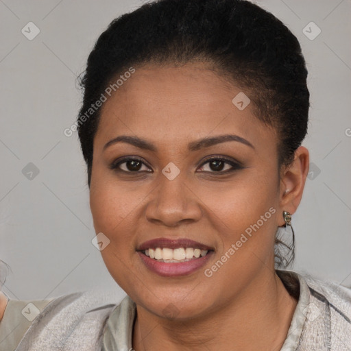 Joyful latino young-adult female with short  brown hair and brown eyes