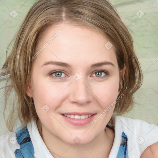 Joyful white young-adult female with medium  brown hair and blue eyes