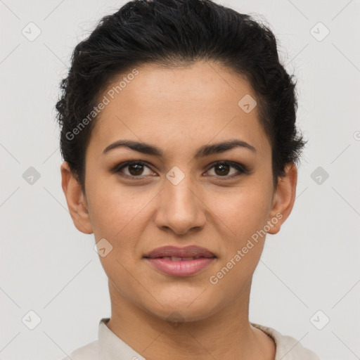 Joyful latino young-adult female with short  brown hair and brown eyes