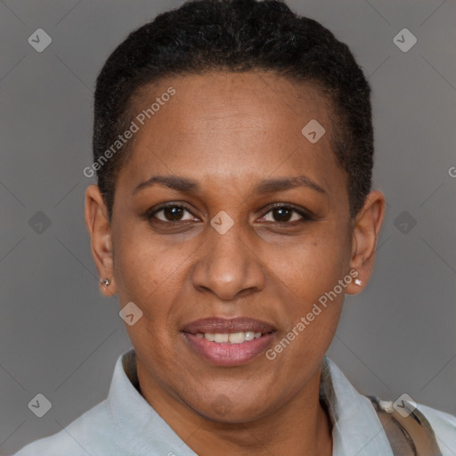 Joyful latino adult female with short  brown hair and brown eyes