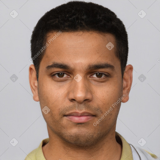 Neutral latino young-adult male with short  black hair and brown eyes