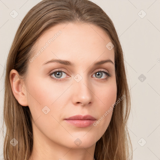 Neutral white young-adult female with long  brown hair and grey eyes