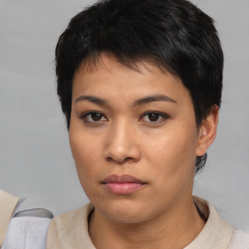 Neutral asian young-adult female with short  black hair and brown eyes