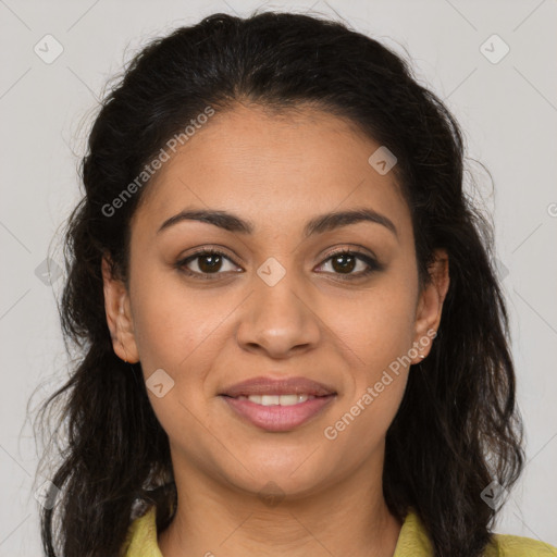 Joyful latino young-adult female with medium  brown hair and brown eyes