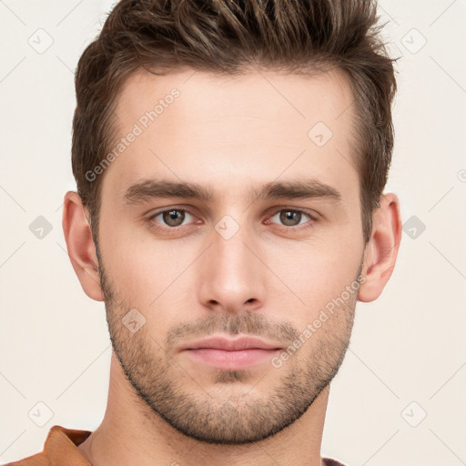 Neutral white young-adult male with short  brown hair and grey eyes