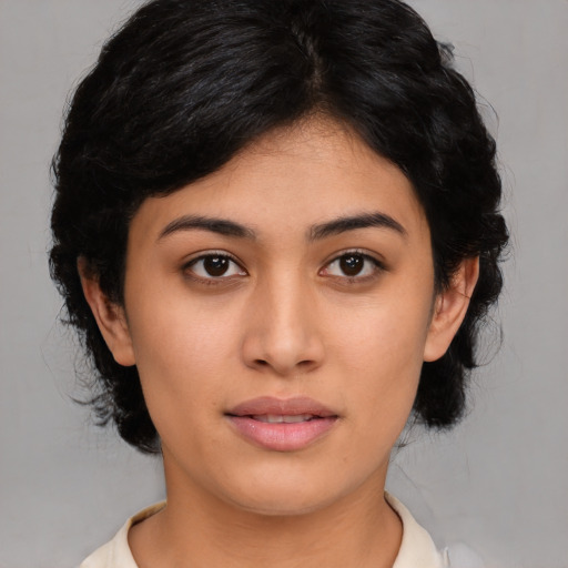 Neutral asian young-adult female with medium  black hair and brown eyes