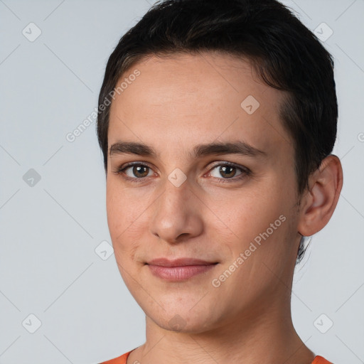 Joyful white young-adult female with short  brown hair and brown eyes