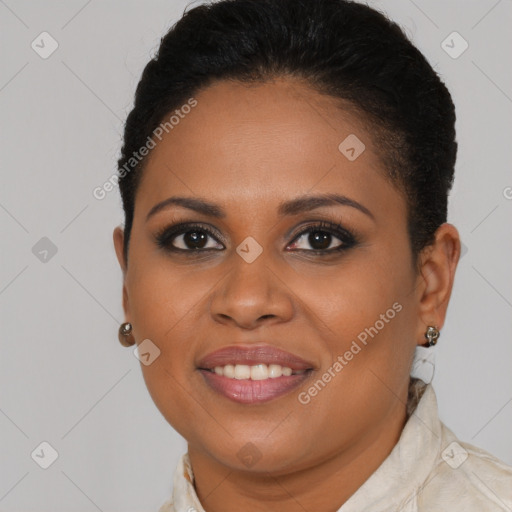 Joyful black young-adult female with medium  brown hair and brown eyes