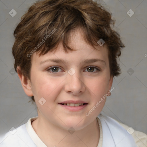 Joyful white child female with medium  brown hair and brown eyes