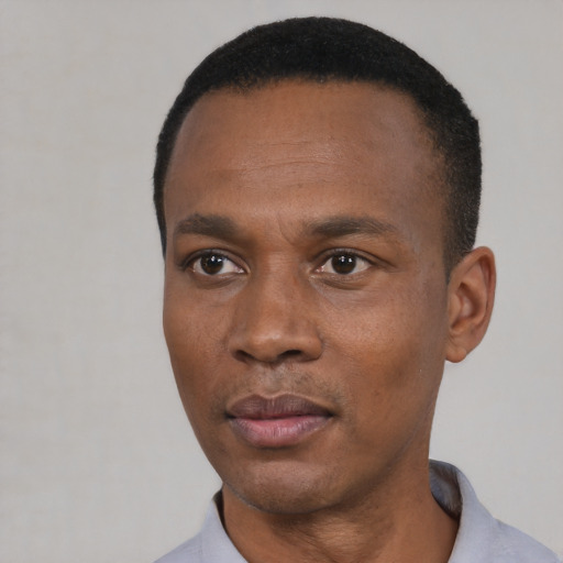 Neutral black young-adult male with short  black hair and brown eyes