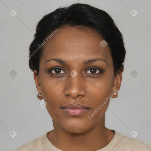 Neutral black young-adult female with short  black hair and brown eyes
