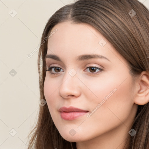 Neutral white young-adult female with long  brown hair and brown eyes