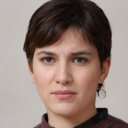 Neutral white young-adult female with short  brown hair and brown eyes