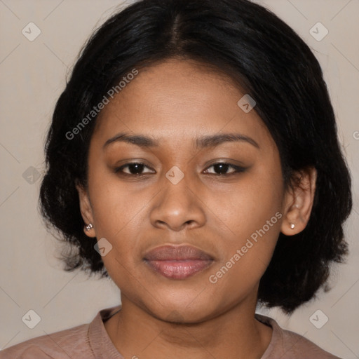 Joyful asian young-adult female with medium  black hair and brown eyes