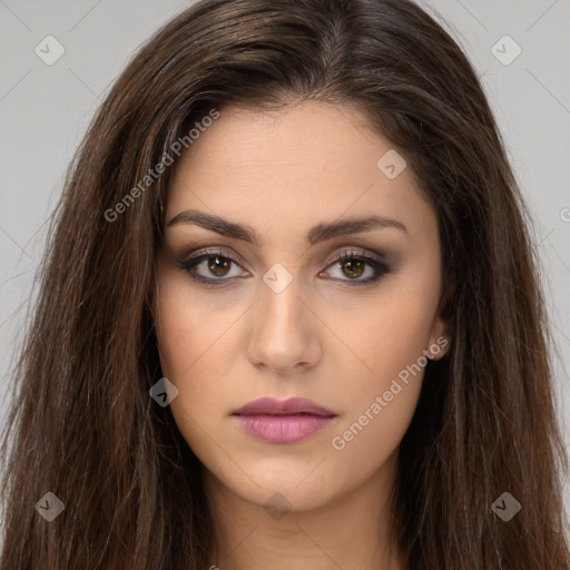 Neutral white young-adult female with long  brown hair and brown eyes