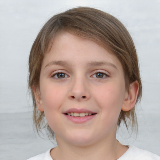 Joyful white child female with medium  brown hair and brown eyes