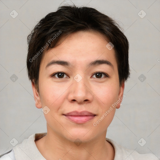 Joyful asian young-adult female with short  brown hair and brown eyes