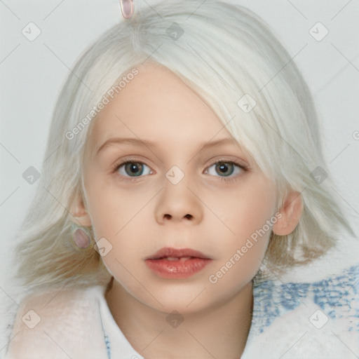 Neutral white child female with medium  brown hair and blue eyes