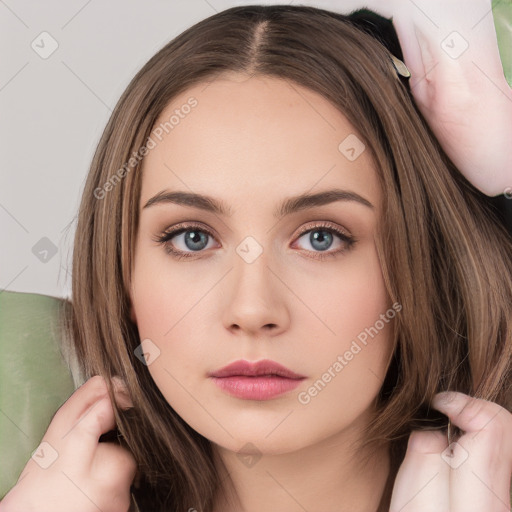 Neutral white young-adult female with long  brown hair and brown eyes