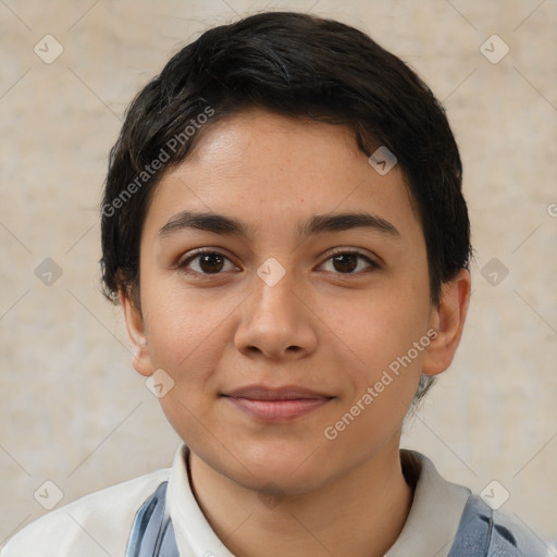 Joyful latino young-adult female with short  brown hair and brown eyes