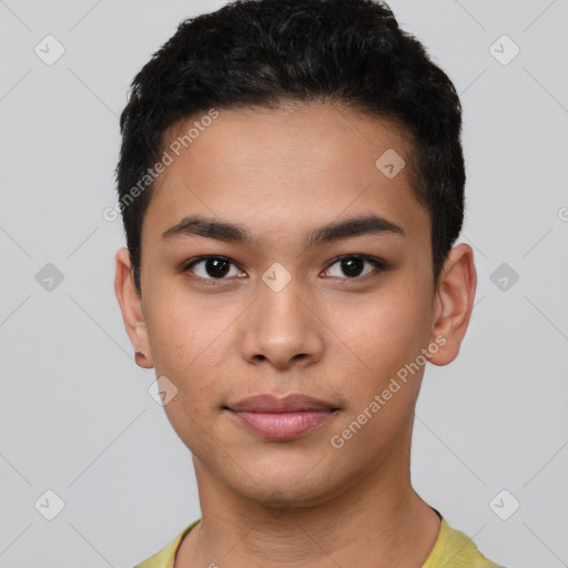 Neutral latino young-adult male with short  black hair and brown eyes