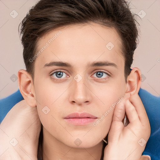 Neutral white young-adult male with short  brown hair and grey eyes