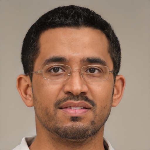 Neutral latino adult male with short  black hair and brown eyes