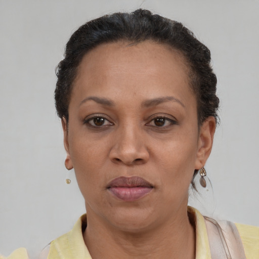 Neutral black adult female with short  brown hair and brown eyes