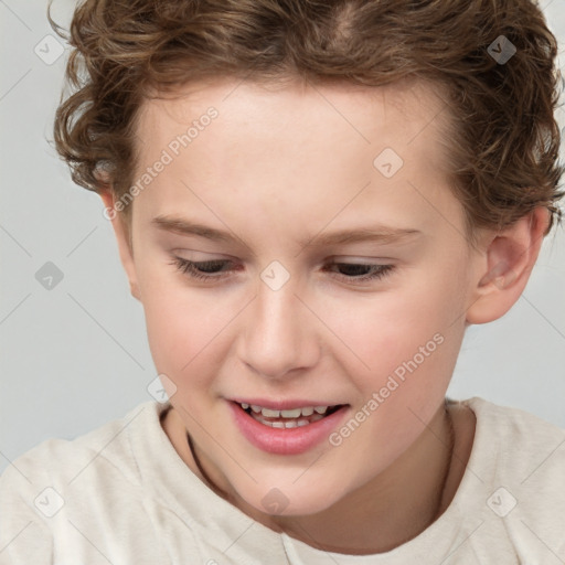 Joyful white child female with short  brown hair and brown eyes