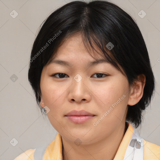 Neutral asian young-adult female with medium  brown hair and brown eyes