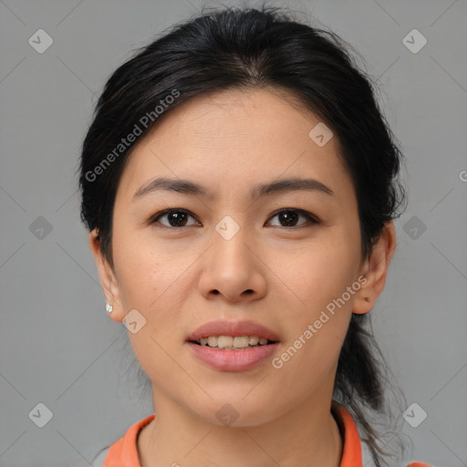 Joyful asian young-adult female with medium  brown hair and brown eyes