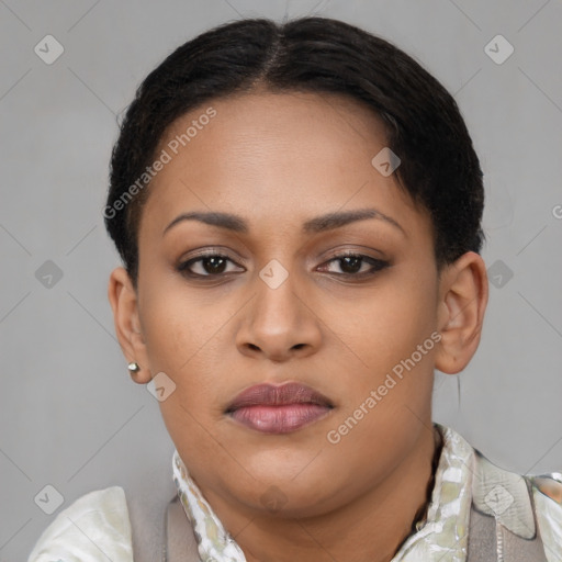 Neutral latino young-adult female with short  brown hair and brown eyes