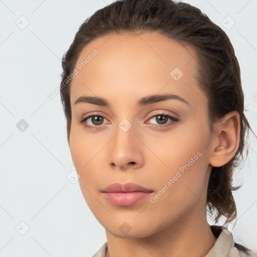 Neutral white young-adult female with medium  brown hair and brown eyes