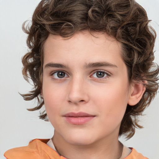 Joyful white child female with medium  brown hair and brown eyes