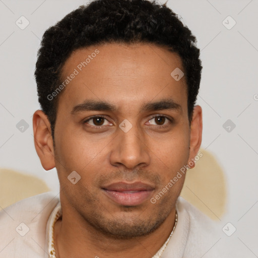 Neutral latino young-adult male with short  brown hair and brown eyes