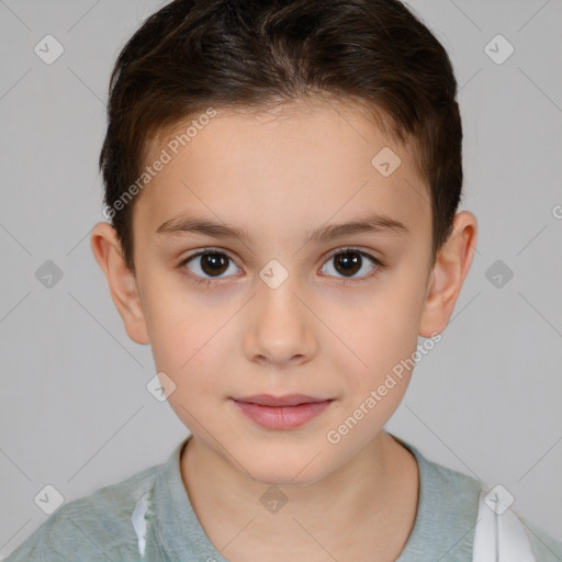 Joyful white child female with short  brown hair and brown eyes