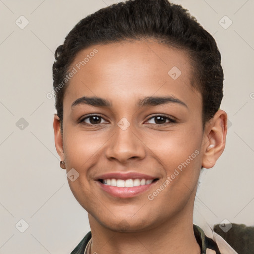 Joyful latino young-adult female with short  brown hair and brown eyes