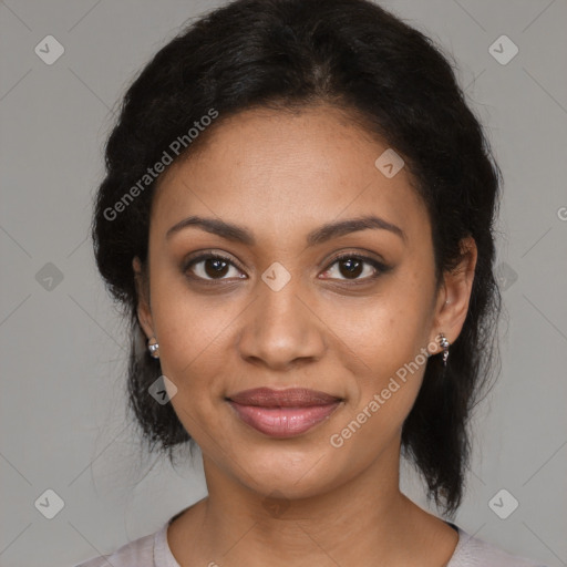 Joyful black young-adult female with medium  brown hair and brown eyes