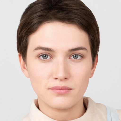 Neutral white young-adult female with short  brown hair and brown eyes