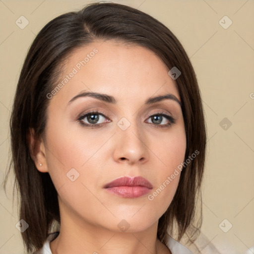 Neutral white young-adult female with medium  brown hair and brown eyes