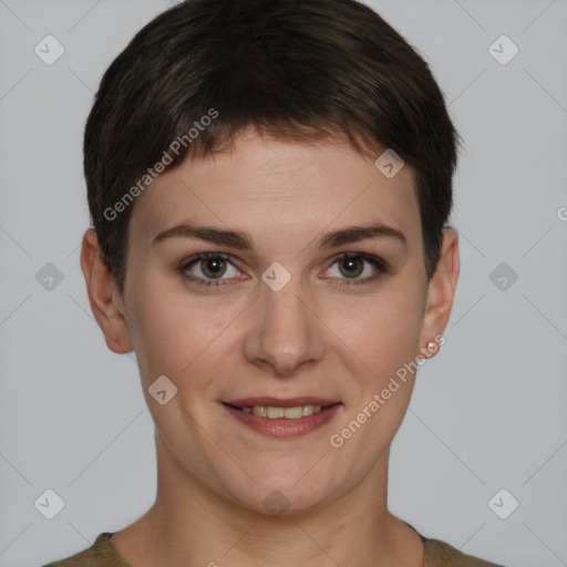 Joyful white young-adult female with short  brown hair and grey eyes