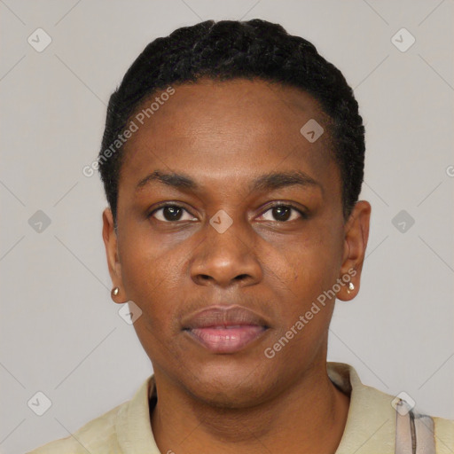 Neutral black young-adult male with short  black hair and brown eyes